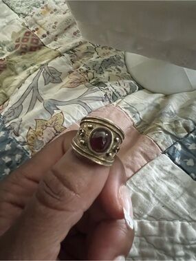 Gold-Tone Wide Band Ring with Red Stone